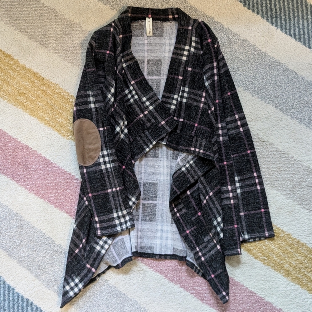 Vanilla Bay open drapey plaid cardigan with elbow patches